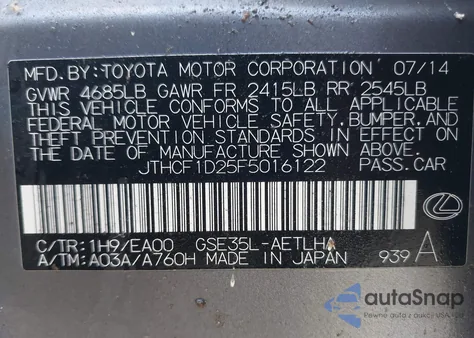 2015 Lexus Is 250 from USA, damaged, VIN JTHCF1D25F5016122